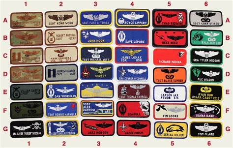 2" x 4" standard Top quality leather Your choice of up to 48 spaces Your choice of wing or insignia Free Velcro backing (upon request). . Custom flight suit name tags